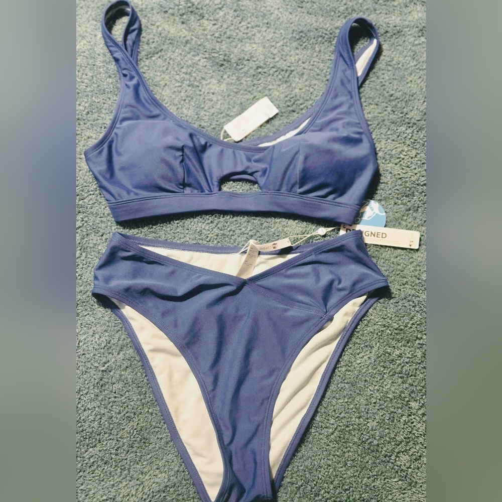 NWT Keyhole Bikini Top & V-Waist Bottoms Set In Blue Womens SIZE M